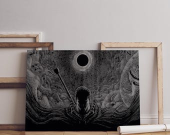 May include: A black and white rectangular art print featuring a central figure with short hair and a large sword strapped to their back, positioned beneath a dark eclipse, surrounded by a dense, detailed background of numerous faces.