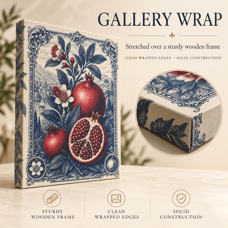 a large canvas print with a wooden frame, showcasing a detailed illustration of pomegranates and other fruits. The print is described as a "Gallery Wrap" and is "Sturdy wooden frame" and "Clean wrapped edges" with "Solid construction".