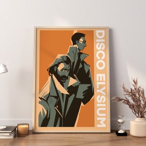Puede incluir: Un p&oacute;ster con un dise&ntilde;o retro que presenta a dos hombres con abrigos. El fondo es naranja y el texto dice "DISCO ELYSIUM".