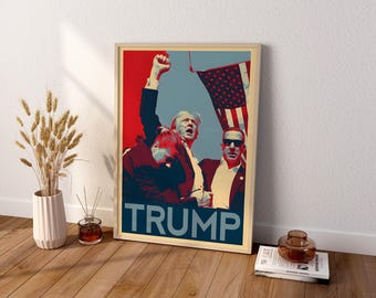 May include: A framed poster featuring a stylized graphic illustration of Donald Trump with a raised fist, alongside another figure in sunglasses, set against a red, white, and blue background with an American flag and the word TRUMP in bold.