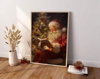 May include: A framed vertical wall art print depicting Santa Claus with a white beard and red suit sitting and reading an open book. Behind him is a decorated Christmas tree with glowing lights and red ornaments. The artwork is in a light wood frame.