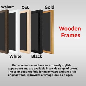 May include: Four wooden picture frames in different colors: walnut, oak, black, and gold. The frames are arranged in a row, with the walnut frame on the left and the gold frame on the right. The text "Wooden Frames" is written in red letters above the frames.