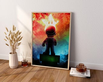 May include: A framed rectangular wall art print featuring a character in a red cap and overalls standing on a green pipe, looking up at a glowing white star against a vibrant, multi-colored nebula background of red, orange, and blue.