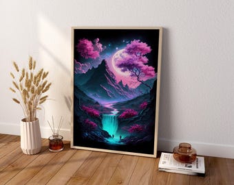 Modern Japanese Art, Japanese Canvas Wall Art, Japan Mountain Art, Synthwave Japanese Art, Japanese Art Poster