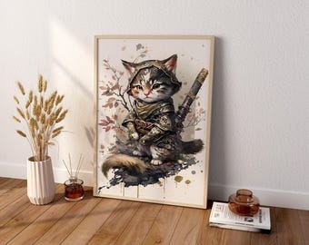May include: A framed wall art print featuring a digital illustration of a tabby kitten dressed in detailed warrior armor with a hood and a sword strapped to its back. The kitten stands on a dark, textured base with soft, muted autumn-toned foliage.