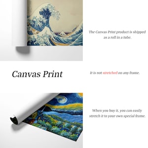 May include: A canvas print of a famous Japanese wave painting. The print is rolled up and ready to be stretched on a frame.