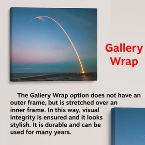 May include: A photograph of a rocket launch at dusk. The rocket is leaving a trail of smoke and fire as it ascends into the sky. The text "Gallery Wrap" is visible in the upper right corner of the image.