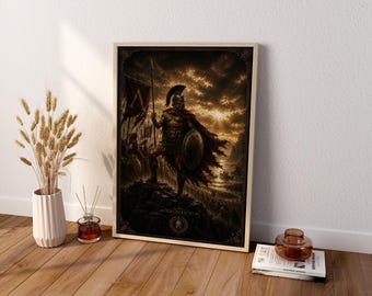 May include: A rectangular framed wall art print featuring a dark, dramatic illustration of a Spartan warrior standing on a rocky cliff at sunset. The warrior wears a helmet and cape, holding a spear and shield. The text SACRIFICE is visible.