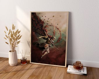 May include: A rectangular framed wall art print featuring a dynamic illustration of a warrior in golden armor leaping through the air, trailing a long dark red cape and surrounded by small flying butterflies against a muted green and red background.