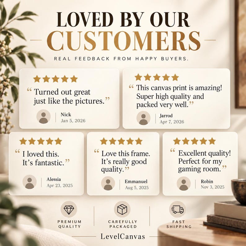 The image is a collage of customer reviews for a product called "LevelCanvas". The reviews express satisfaction with the product, including its quality, packaging, and shipping. The reviews are from happy buyers and praise the product for its excellent quality, perfect fit for gaming rooms, and fast shipping. The collage is a compilation of five star reviews, each highlighting different aspects of the product.