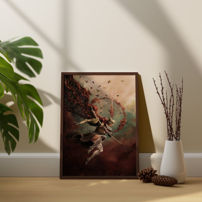 May include: A framed fantasy art print featuring a woman in armor with a red cape and a sword, surrounded by butterflies against a dark red and green background.