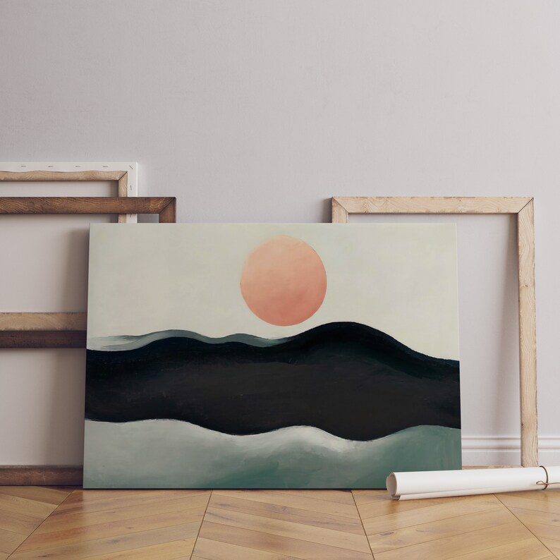May include: Abstract painting of a landscape with a large, pink sun setting behind a series of dark blue and green hills.