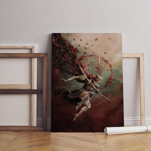 May include: A woman in armor with a red cape and a sword, flying through the air with a swirling background of butterflies and red and green clouds.