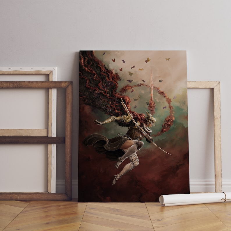 May include: A woman in armor with a red cape and a sword, flying through the air with a swirling background of butterflies and red and green clouds.