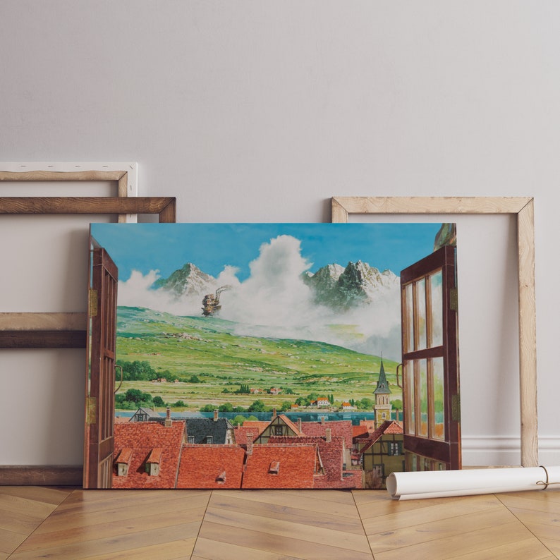 May include: A painting of a window view with a small town in the foreground and a large mountain range in the background. The town has red-tiled roofs and a tall church steeple. The mountain range is covered in snow and clouds. A flying machine is visible in the sky above the mountains.