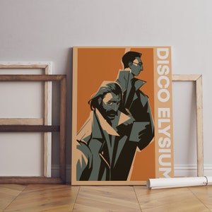 Puede incluir: Un p&oacute;ster de estilo retro con dos hombres con abrigos oscuros sobre un fondo amarillo mostaza. El texto "DISCO ELYSIUM" est&aacute; impreso verticalmente en el lado derecho del p&oacute;ster.
