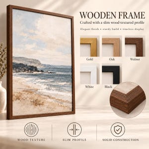 The image is an advertisement for a wooden frame, showcasing various frame options and their features.