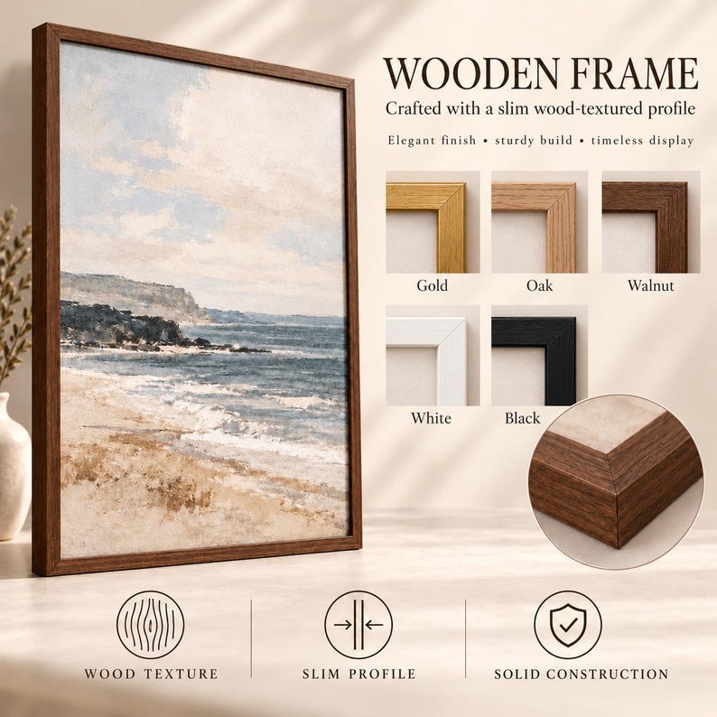 The image is an advertisement for a wooden frame, showcasing various frame options and their features.