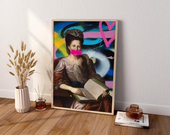 May include: A framed wall art print featuring a portrait of a person in historical attire reading a book, overlaid with vibrant graffiti-style spray paint in blue, yellow, and pink, including a bright pink heart and a pink bar over the mouth.