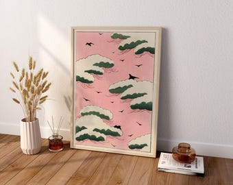 May include: A framed rectangular wall art print featuring a soft pink background with stylized green and cream-colored cloud formations and small black bird silhouettes scattered throughout the composition in a repeating pattern.