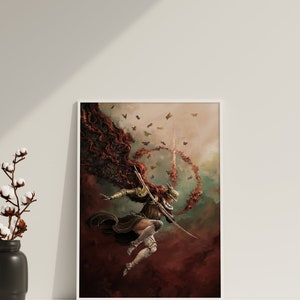 May include: A digital painting of a woman in armor with a red cape and a sword, flying through the air with butterflies surrounding her.