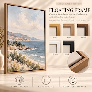 The image is an advertisement for a floating frame, showcasing different frame styles and options for displaying artwork.