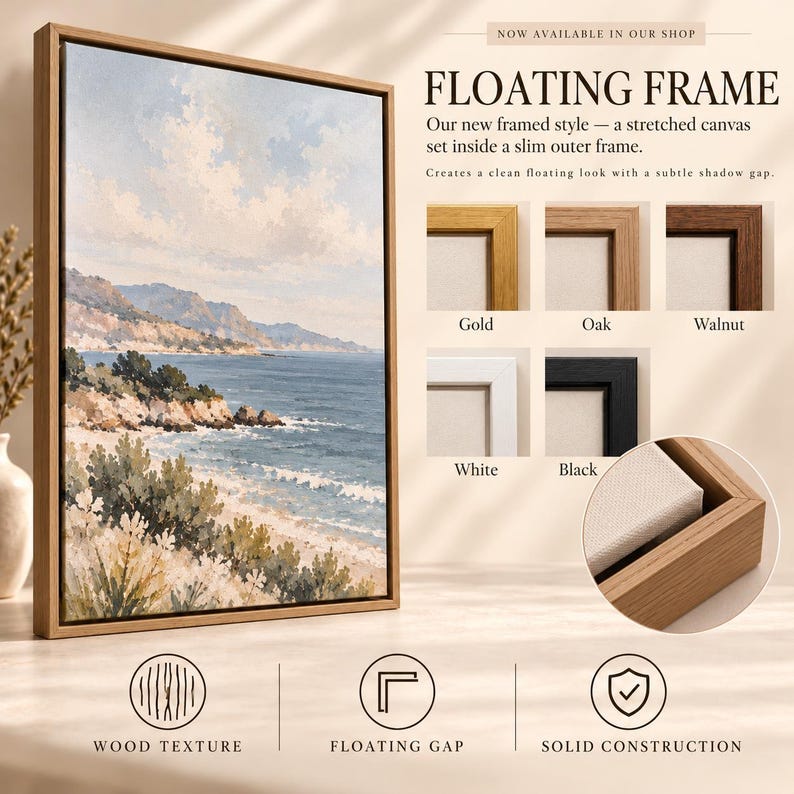 The image is an advertisement for a floating frame, showcasing different frame styles and options for displaying artwork.