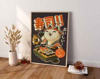 May include: A rectangular wall art print featuring a cartoon cat wearing a headband, eating sushi with chopsticks. The dark background includes orange Japanese text, a bottle of sake, and a circular fish icon. The illustration uses a palette of orange, black, and cream.