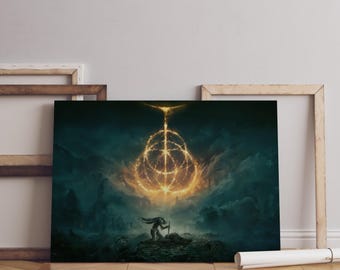 May include: A rectangular wall art print featuring a dark, atmospheric landscape with a glowing, golden, circular runic symbol suspended in the sky above a kneeling figure holding a sword amidst a misty, shadowed terrain.
