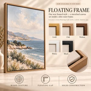 The image is an advertisement for a floating frame, showcasing different frame styles and options for displaying artwork.