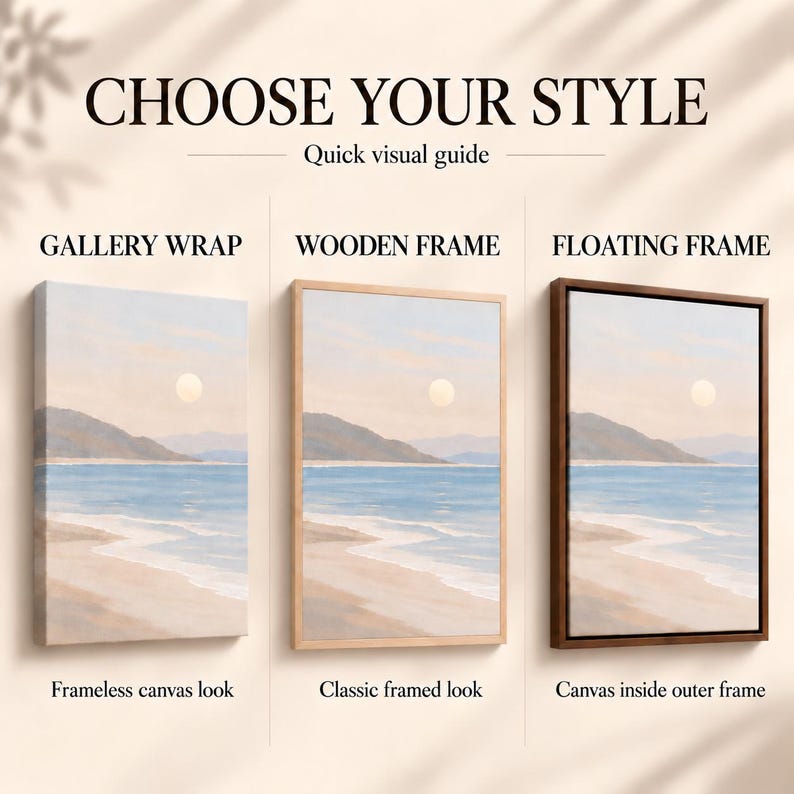 three different framed artworks of a beach scene, each with a different frame style. The text above the images reads "CHOOSE YOUR STYLE" and "Quick visual guide", suggesting that the image is a visual guide for selecting the appropriate frame style for each artwork.