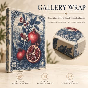 a large canvas print with a wooden frame, showcasing a detailed illustration of pomegranates and other fruits. The print is described as a "Gallery Wrap" and is "Sturdy wooden frame" and "Clean wrapped edges" with "Solid construction".