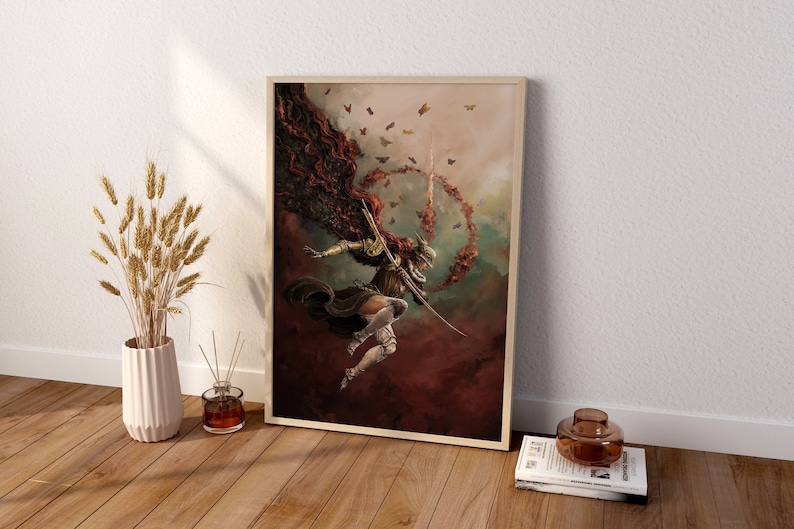 May include: A digital painting of a woman in armor, with a red cape and a sword, flying through the air. She is surrounded by butterflies and a swirling cloud of red and green.