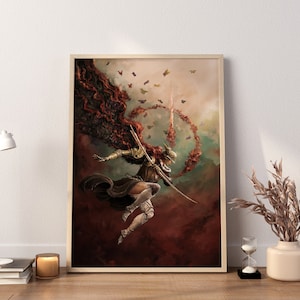 May include: A digital painting of a woman in armor with a red cape, holding a spear and flying through the air. She is surrounded by red and gold butterflies and a swirling cloud of red smoke.