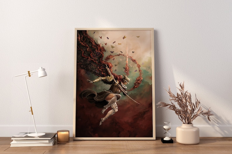 May include: A digital painting of a woman in armor with a red cape, holding a spear and flying through the air. She is surrounded by red and gold butterflies and a swirling cloud of red smoke.