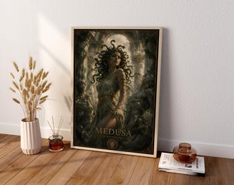 May include: A rectangular framed wall art print featuring a dark, detailed illustration of Medusa with snakes for hair, standing in a stone ruin. The text MEDUSA TEMPTATION is printed in gold at the bottom center of the artwork.