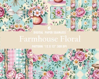 Farmhouse Floral Digital Paper Pack, Rustic Barnwood Prints (Digital Download)