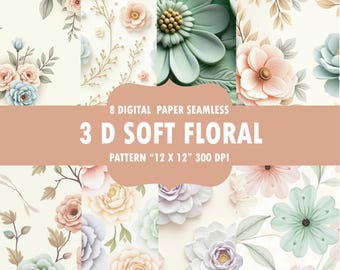 3D Floral Digital Paper: Seamless Flower Backgrounds (12x12 inch) (Digital Download)