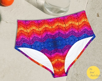 Crochet High waisted bikini bottom ;  Crochet Print Bikini , High-Waisted Bikini Bottoms, Wavy Crochet Trompe Loeil Optical Illusion Print