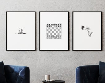 Set of 3 Piece Wall Art Chess Printable Line Drawing Artwork - Vintage Chess Posters, Chess Wall Art - Triptych Instant Digital Download