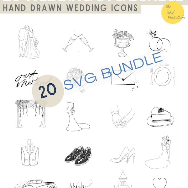 Lot de 20 mariages SVG, lot de 20 mariages SVG dessinés à la main, 20 icônes et illustrations Clipart mariage, téléchargement immédiat svg/png/ai