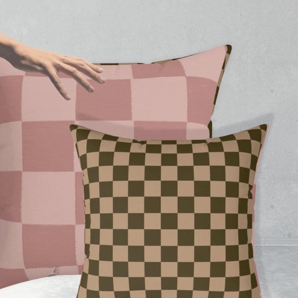 Checkered Pillow | Putty Blush Camel Olive Colorblock Checker | Decorative Pillow | Postmodern Decor | Checkerboard Square Pillow and Case