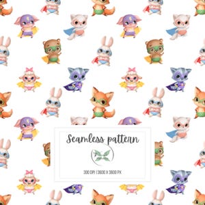 Fun Superhero Animals Seamless Pattern | Superhero Print for Kids | Bold superhero animal print | Commercial use POD | Instant download file
