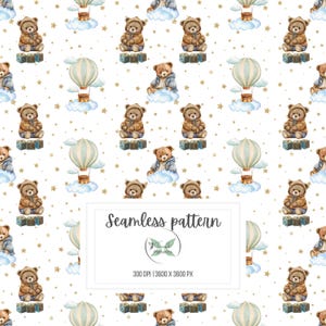 Modèle sans couture garçon ours en peluche | Tissu nounours bébé garçon | Ours en peluche imprimé pour enfants | POD à usage commercial | Téléchargement instantané du fichier PNG