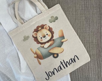 Bolsa de algodón personalizada para niños, guardarropa de guardería, cambio de ropa, bolsa de guardería, bolsa de tela, bolsa de deporte, bolsa de yute, nombre León