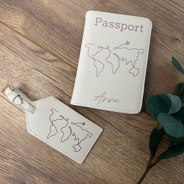 Reisepasshülle personalisiert mit Kofferanhänger als Set mit Weltkarte und Name / personalized Passportholder and Luggage Tag with Name