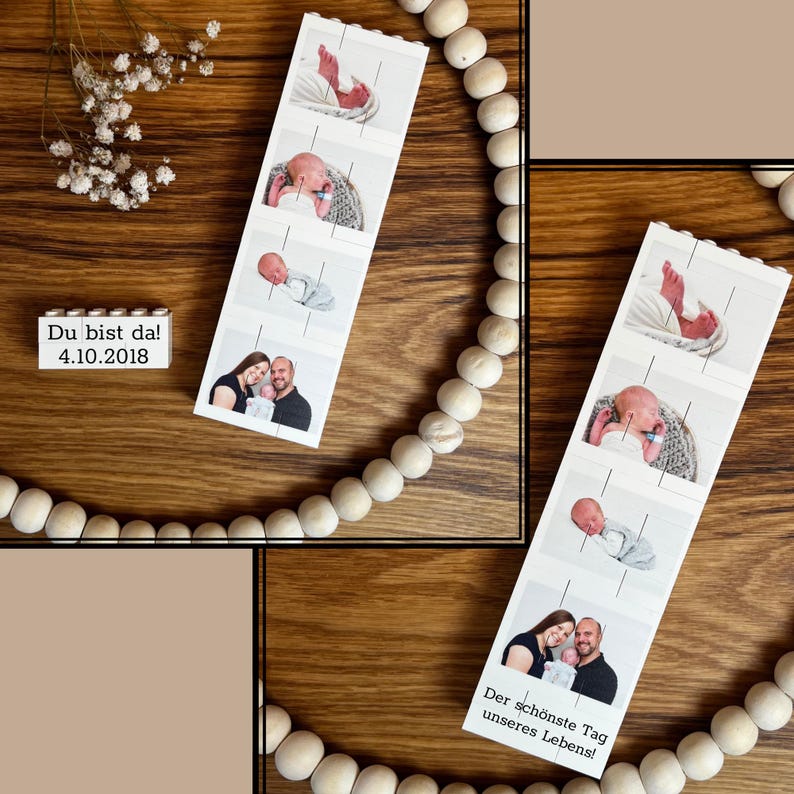 Peut inclure: Bandes de photos en bois avec des images d'un nouveau-n&eacute; et de ses parents. Une bande porte le texte "Du bist da! 4.10.2018". L'autre bande porte le texte "Der sch&ouml;nste Tag unseres Lebens!". Une guirlande de perles en bois entoure les bandes.