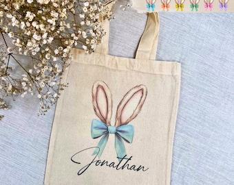 Bolsa de recolección de huevos de Pascua personalizada, 8 colores de cinta diferentes, cesta de algodón para huevos de Pascua, nido de Pascua, bolsa de tela para búsqueda de huevos de Pascua