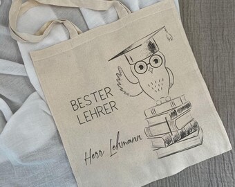 Bolsa de regalo personalizada para profesores, bolsa de algodón, bolsa de tela, algodón, regalo de despedida sostenible, nombre, búho