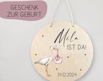 Nameplate Doorplate Personalized Nursery Gift Stork Birth Baby Newborn Girl Boy Name Wooden Sign Round Announcement